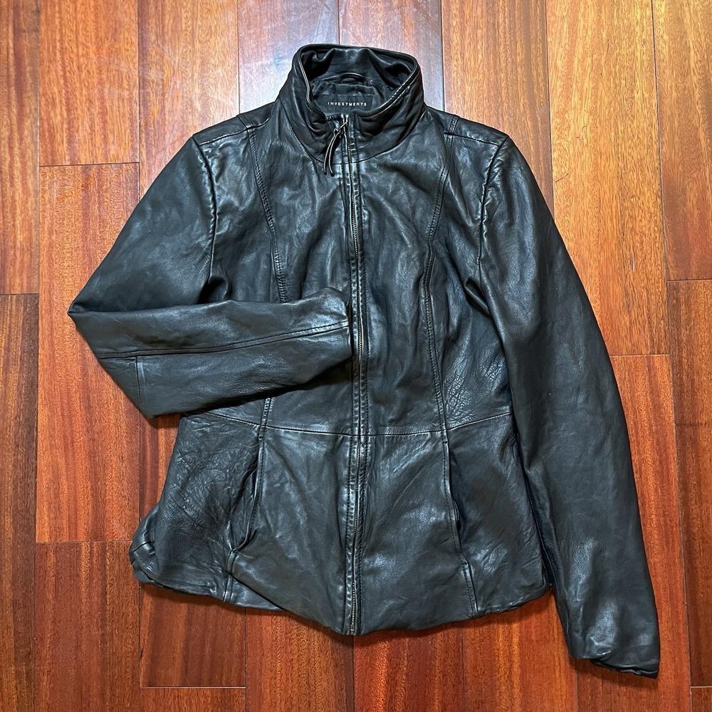 Investments Women's Collared Lamb Leather Jacket Size Small Full Zip Pockets